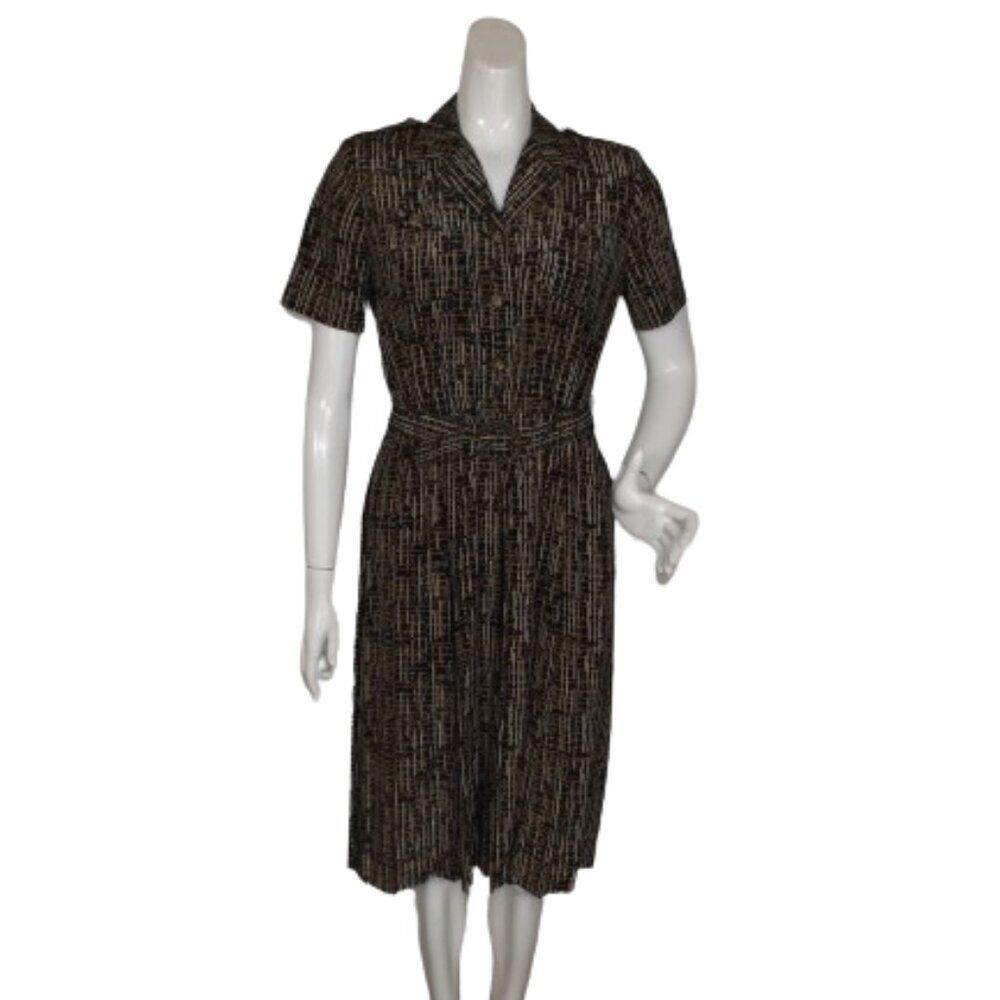 LESLIE FAY Dress, 6P Petite, Career wear, Belt, Black, Crosshatch/Lines